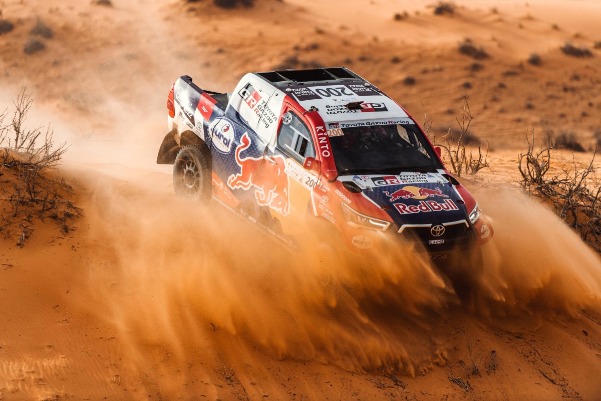 Qatar’s Nasser Saleh Al Attiyah and French navigator Matthieu Baumel in their Toyota Hilux during the opening selective section of the Hail Cross-Country Rally, yesterday. 