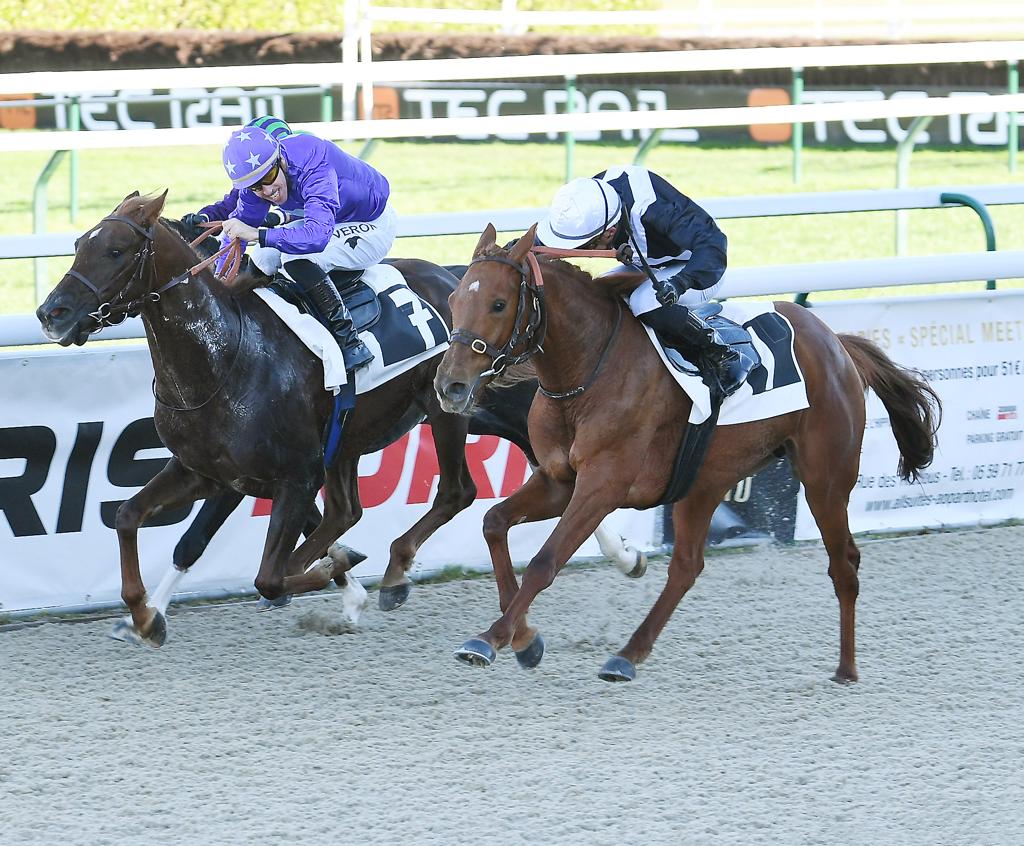 Jockey Hugo Mouesan and Rysk Tout on their way to win the race. Pic: Robert Polin