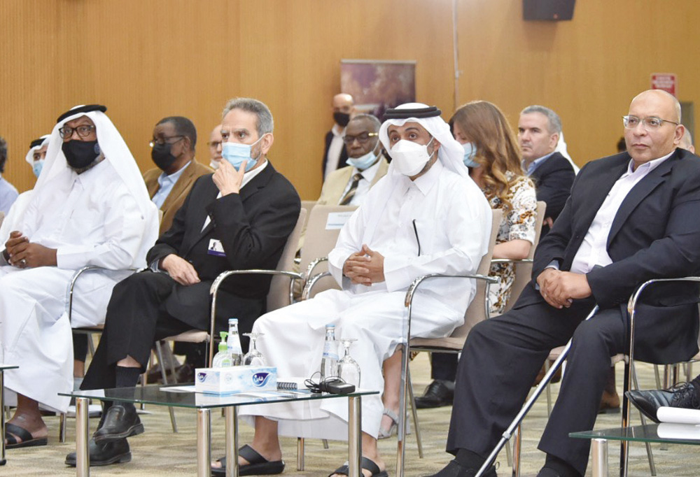 President of Qatar University, H E Dr. Hassan bin Rashid Al Derham; Director-General of Al Jazeera Media Network, Dr. Mostefa Souag; Dean, College of Arts and Sciences, Qatar University, Professor Ahmed ElZatahry, with other officials during the event.