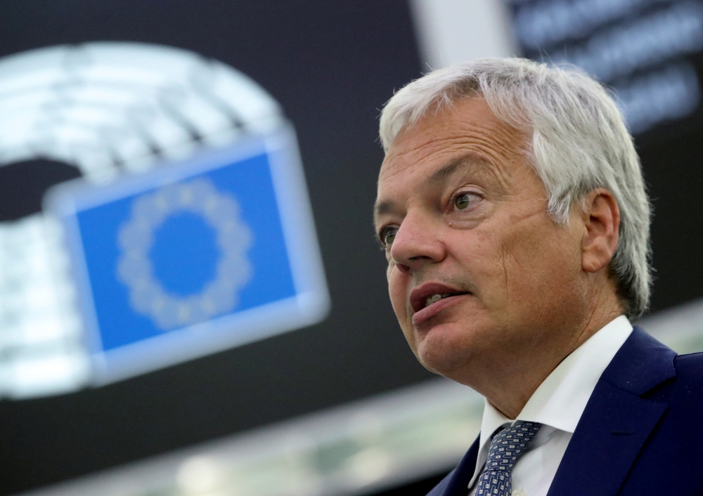 File photo: European Justice Commissioner Didier Reynders addresses the European Parliament plenary session in Strasbourg, France September 15, 2021. Reuters/Yves Herman/Pool/File Photo
