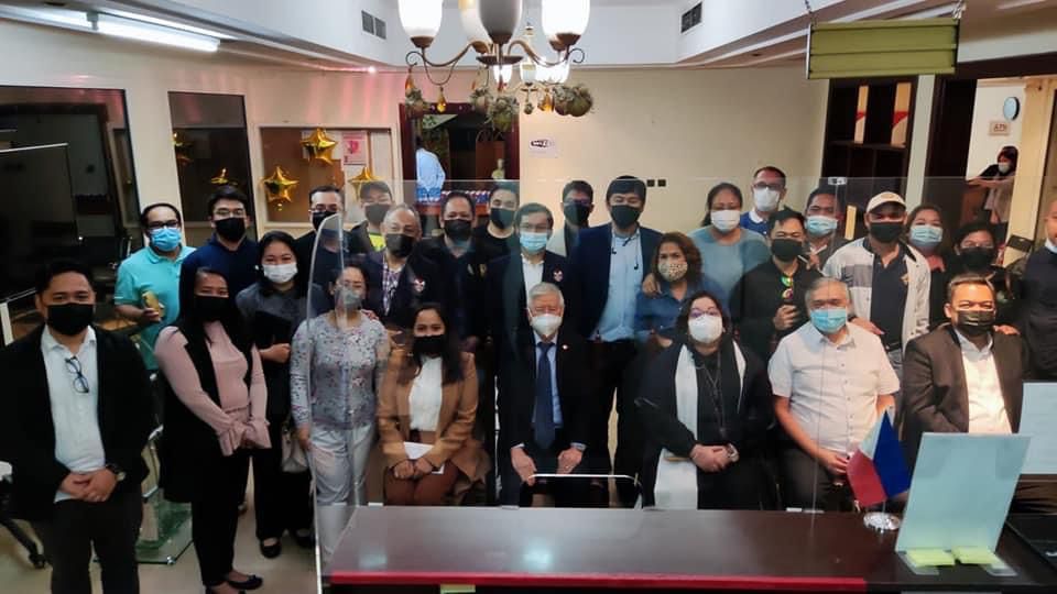 Undersecretary for Migrant Workers’ Affairs at the Department of Foreign Affairs, Sarah Lou Arriola with Philippine Ambassador to Qatar Alan Timbayan and Community members during a discussion concerning Overseas Filipino Workers.