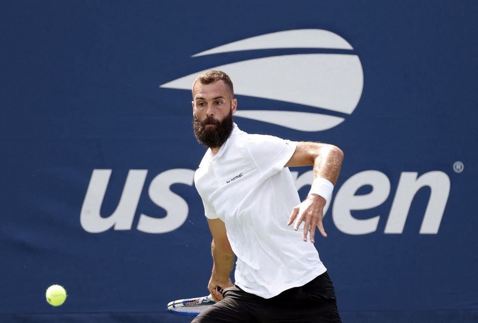 Benoit Paire (FRA) hits a shot to Dusan Lajovic (SRB) in a first round match on day one of the 2021 U.S. Open tennis tournament at USTA Billie King National Tennis Center. Aug 30, 2021; Flushing, NY, USA; Mandatory Credit: Jerry Lai-USA TODAY Sports

