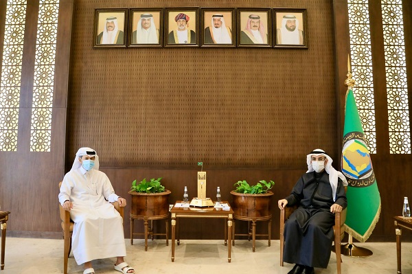 GCC Secretary-General H E Dr. Nayef Falah Al Hajraf meeting with Director of the GCC Criminal Information Center to Combat Drugs, Brig. Saqr bin Rashid Al Muraikhi, in Riyadh, yesterday. 
