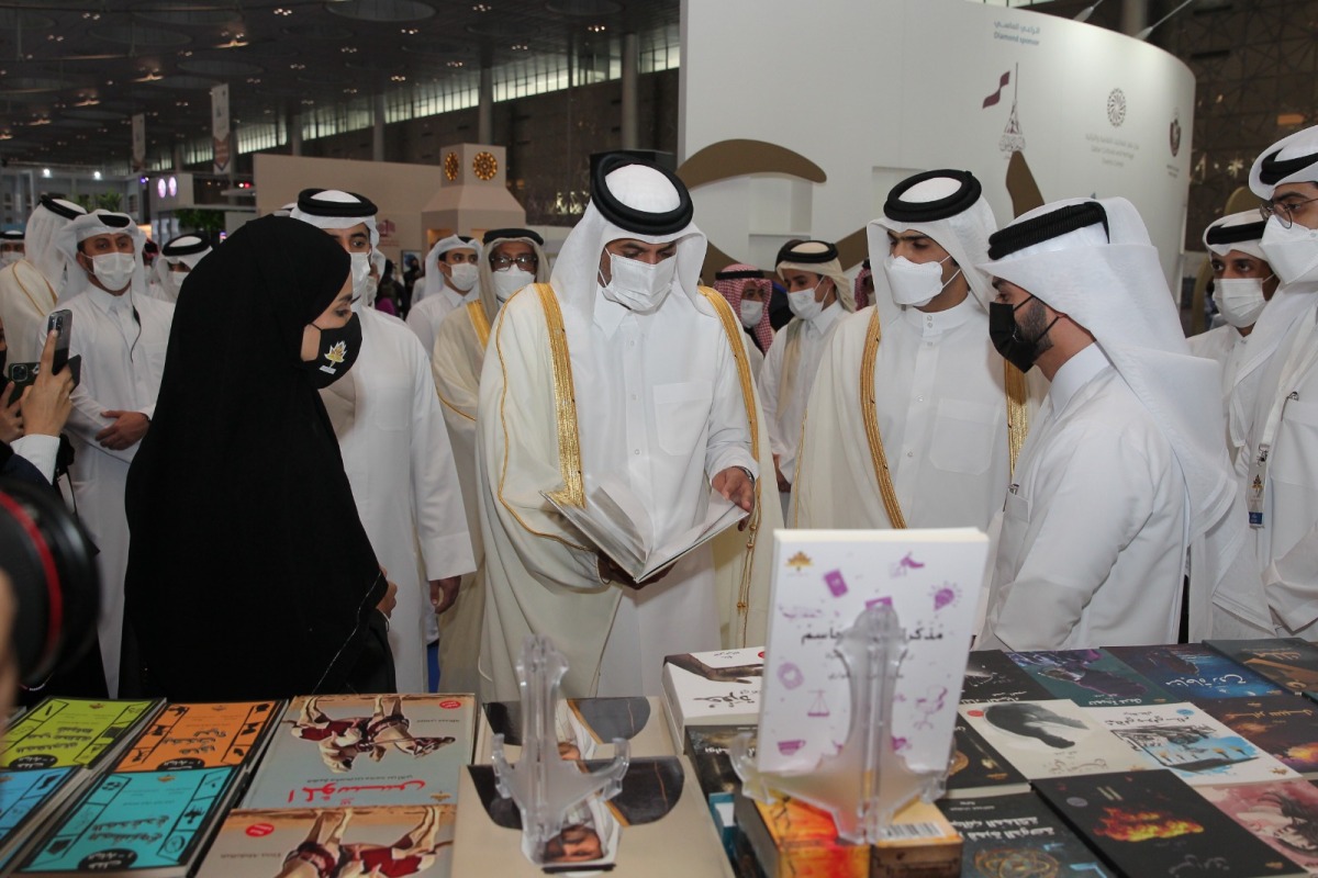 Prime Minister and Minister of Interior H E Sheikh Khalid bin Khalifa bin Abdulaziz Al Thani visiting the pavilions at the 31st Doha International Book Fair 2022, at Doha Exhibition and Convention Center (DECC), yesterday. Photo by Salim Matramkot | The Peninsula