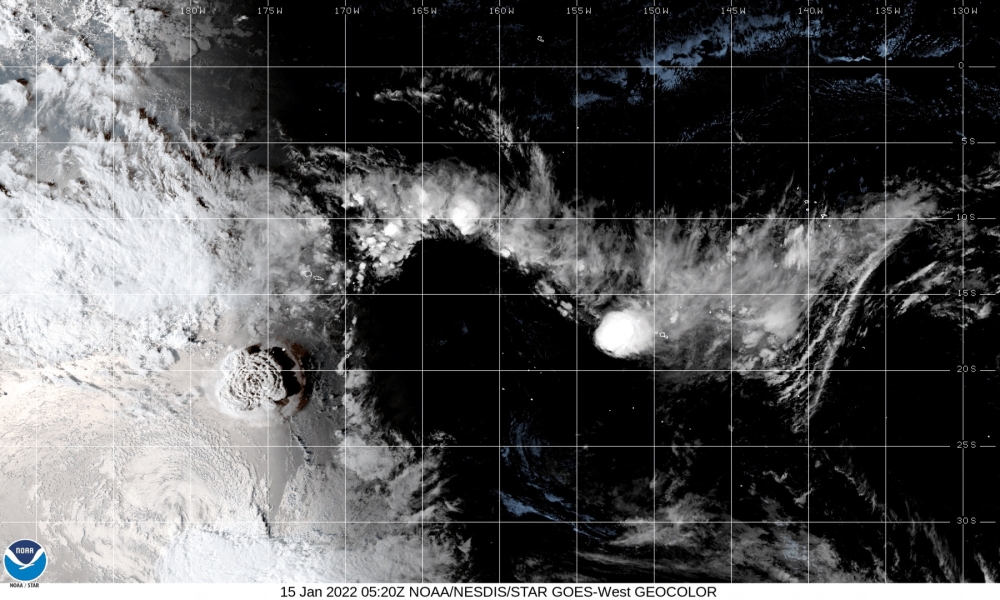 A white plume rises over Tonga when the underwater volcano Hunga Tonga-Hunga Ha'apai erupted, in this still image obtained from an animated GIF from the Cooperative Institute for Research in the Atmosphere (CIRA) and NOAA, January 15, 2021. CIRA/NOAA/Handout via REUTERS.