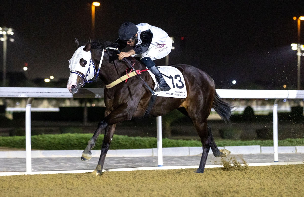 Faleh Bughanaim guides Sidcot Swallet towards the finish line to win the Wadi Al Sail Cup.