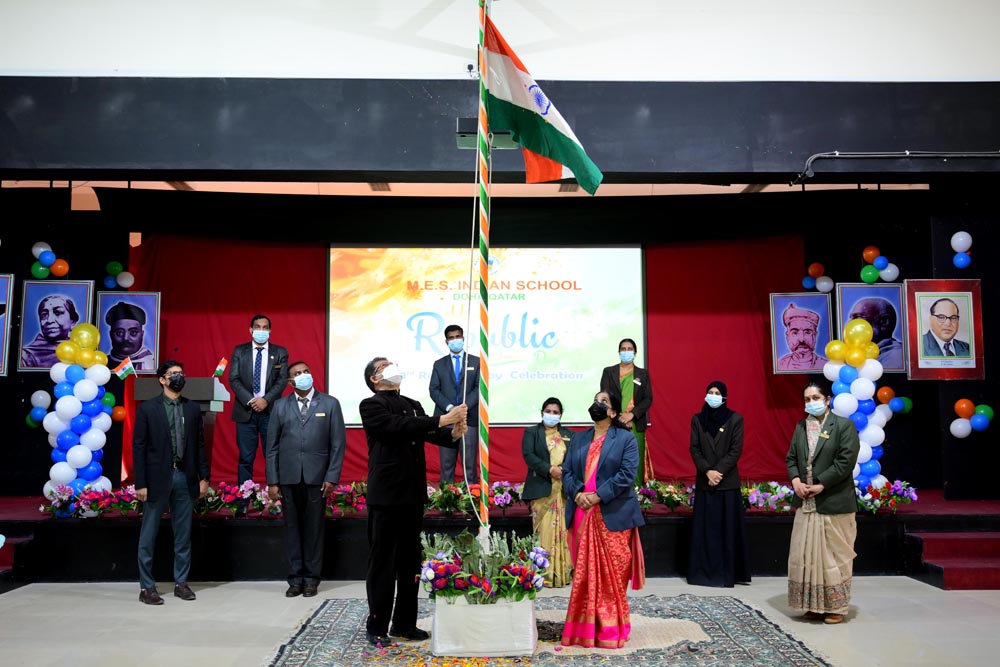 K Abdul Karim, President of MES Governing Board, hoisting the national flag to mark 73rd Republic Day of India.