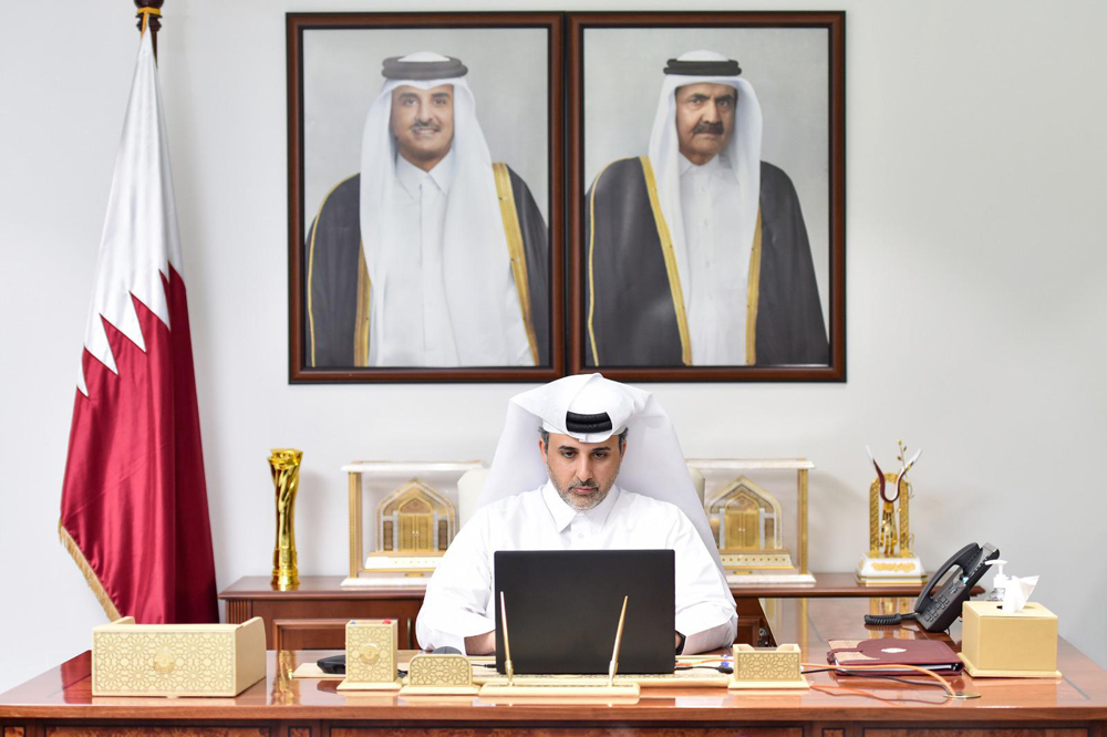 Minister of Municipality H E Dr. Abdullah bin Abdulaziz bin Turki Al Subaie taking part in the Global Forum for Food and Agriculture via video communication technology.