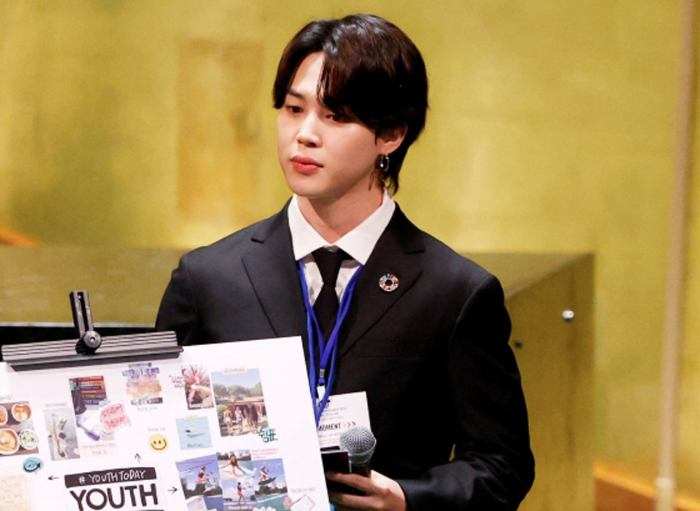 Jimin at the SDG Moment event as part of the UNGA at UN Headquarters, in New York, US, September 20, 2021. John Angelillo/Pool via REUTERS/File Photo