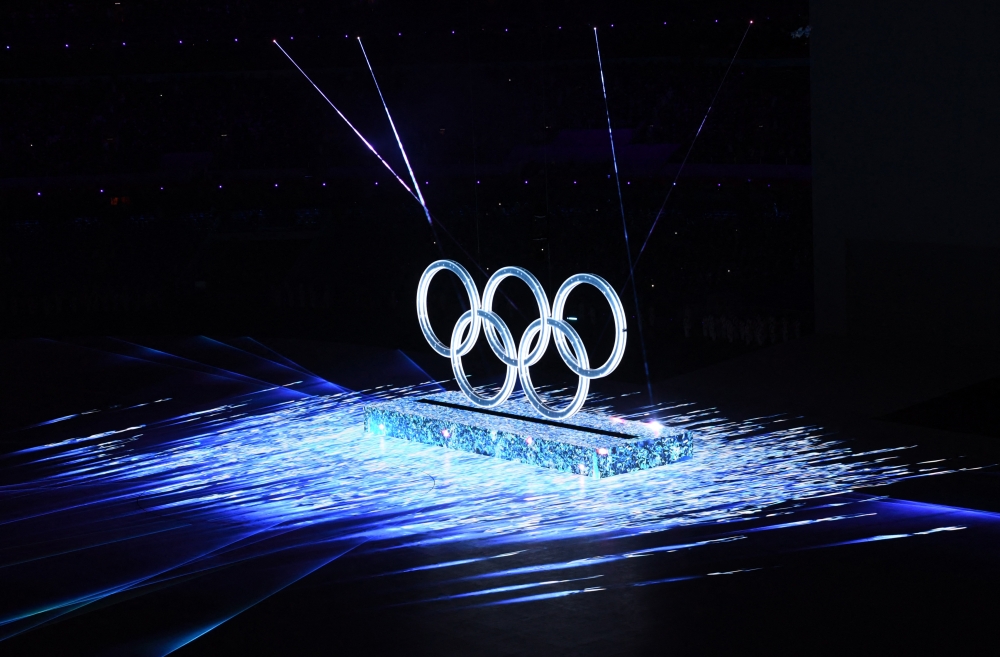 General view of the Olympic rings during the opening ceremony. REUTERS/Annegret Hilse