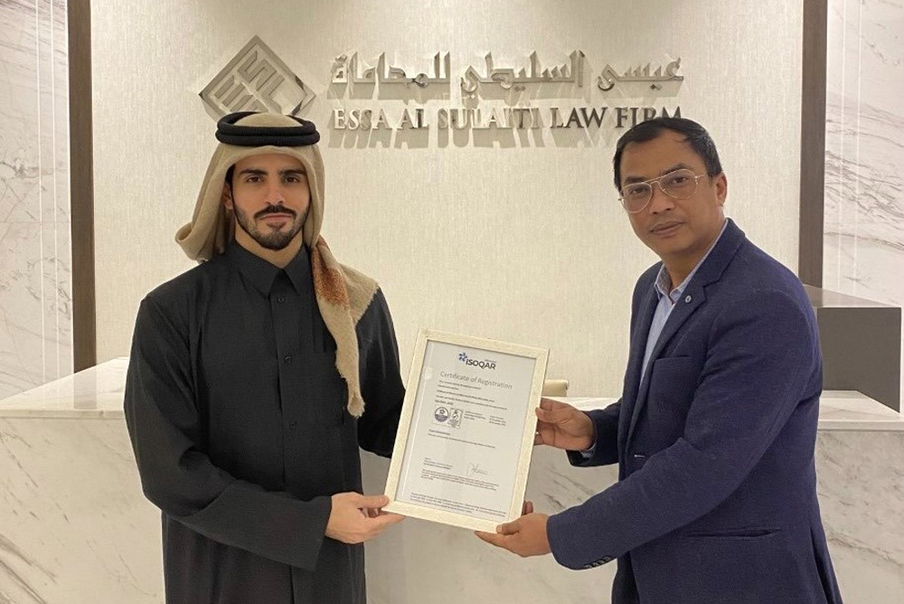 Essa Al Sulaiti Law Firm certified by ISO with ISO 9001 which is the international standard for a quality management system ‘QMS’.
