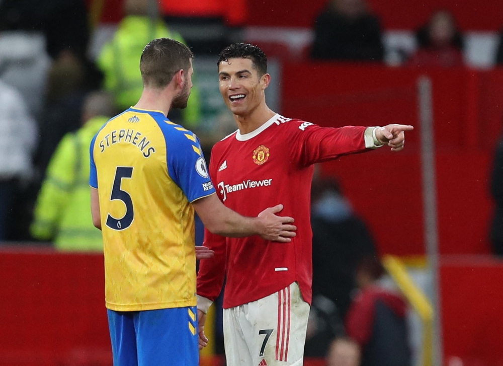 Manchester United's Cristiano Ronaldo and Southampton's Jack Stephens after the match REUTERS/Russell Cheyne