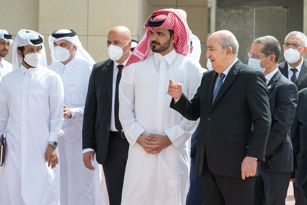 President of Algeria H E Abdelmadjid Tebboune with QOC President H E Sheikh Joaan bin Hamad Al Thani at Al Shaqab yesterday. 
