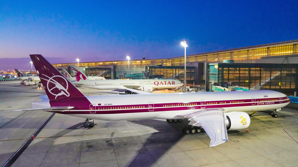 Qatar Airways’ Boeing 777-300 painted in retro livery design.