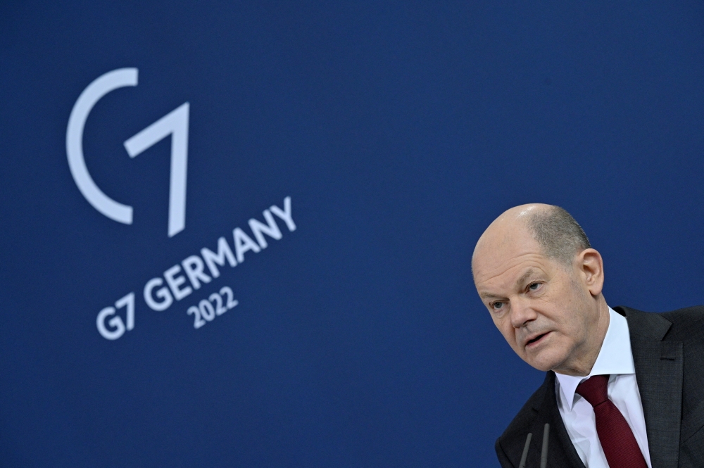 German Chancellor Olaf Scholz attends a joint news conference with Ireland's Prime Minister (not pictured) following talks at the Chancellery, in Berlin, Germany February 22, 2022. John Macdougall Pool via Reuters