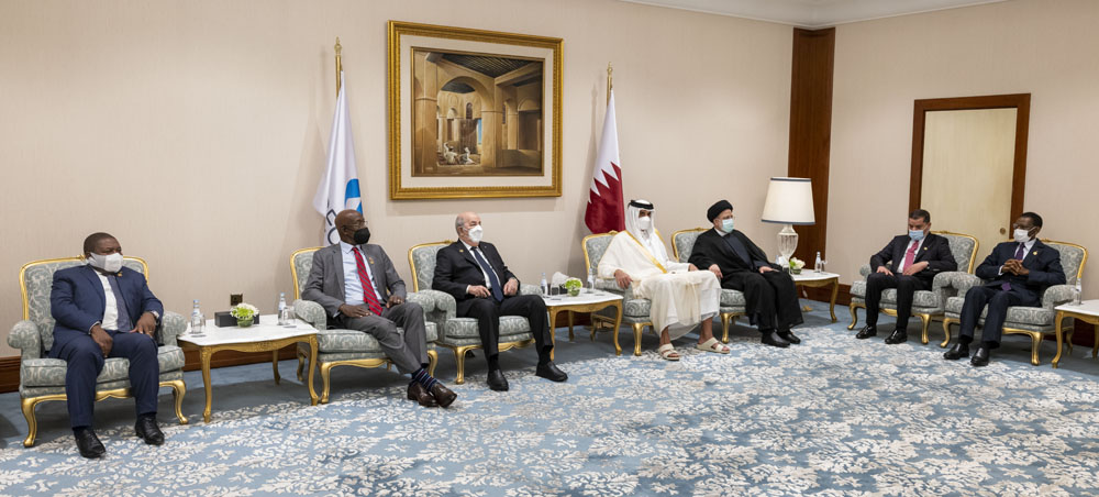 Amir H H Sheikh Tamim bin Hamad Al Thani meeting with Their Excellencies, Heads of State, and heads of delegations of countries participating in the 6th Gas Exporting Countries Forum at the Doha Sheraton Hotel, yesterday.
