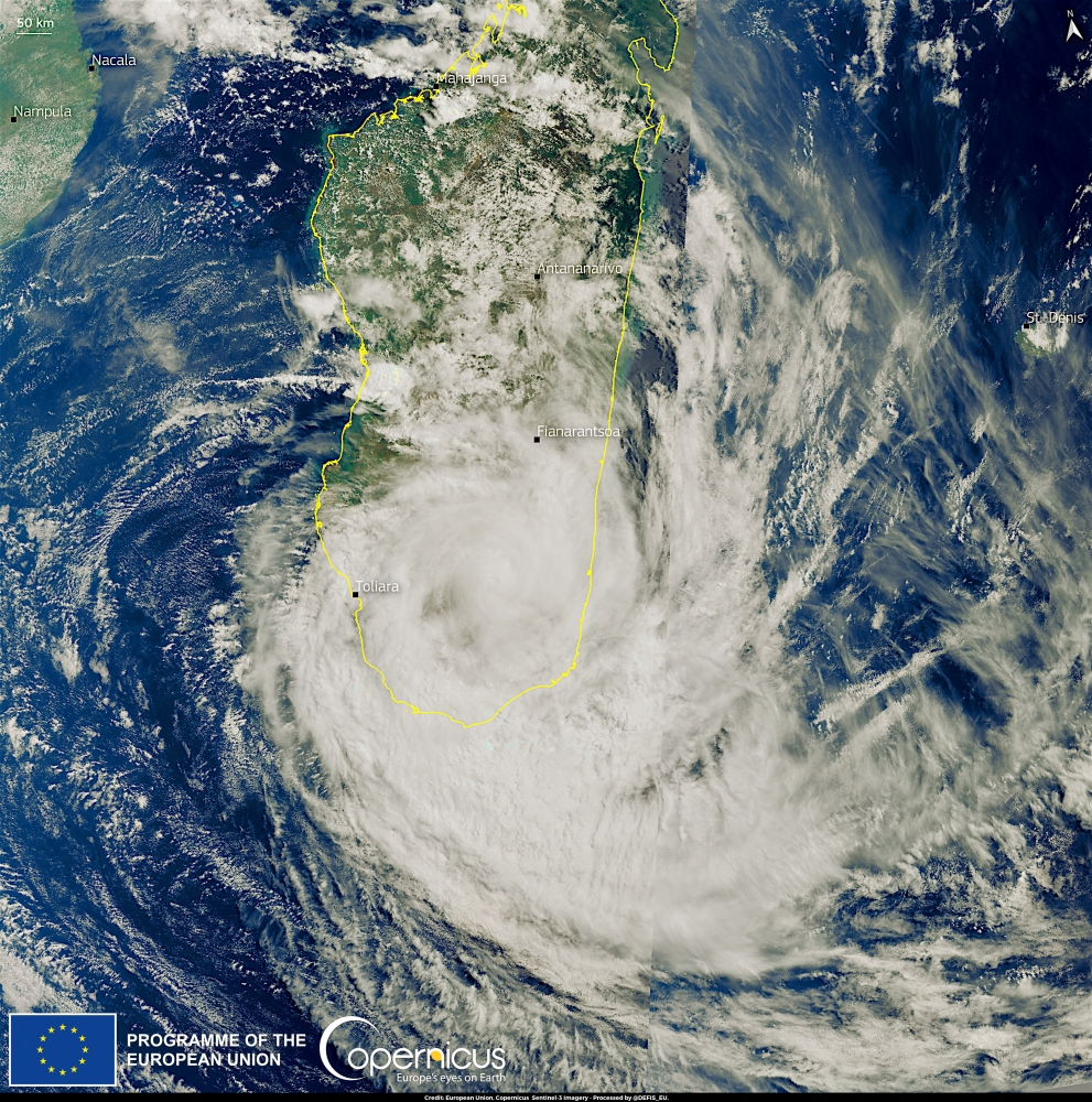 A satellite image shows Cyclone Emnati over Madagascar, February 23, 2022. Courtesy of European Union, Copernicus Sentinel-3. Imagery processed by @DEFIS_EU/Handout via REUTERS