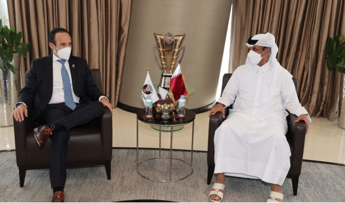 Qatar Football Association (QFA) President Sheikh Hamad bin Khalifa bin Ahmed Al Thani with his Ecuadorian counterpart Francisco Egas during a meeting held at the QFA Headquarters.