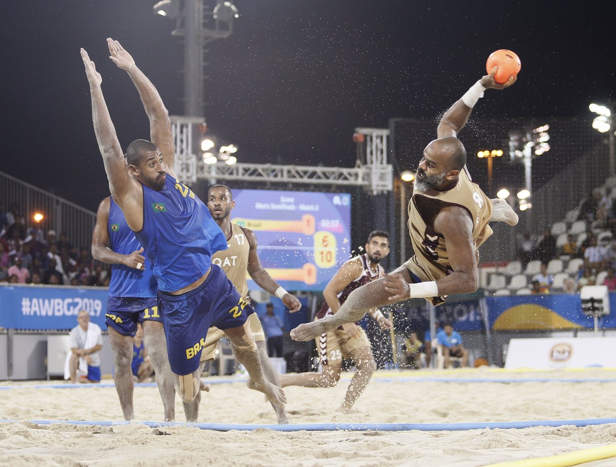 Qatar’s Mohamed Hassan attempts to score a goal against Brazil during a semi-final of men’s beach handball at the first ANOC World Beach Games Qatar 2019, in this file photo. 