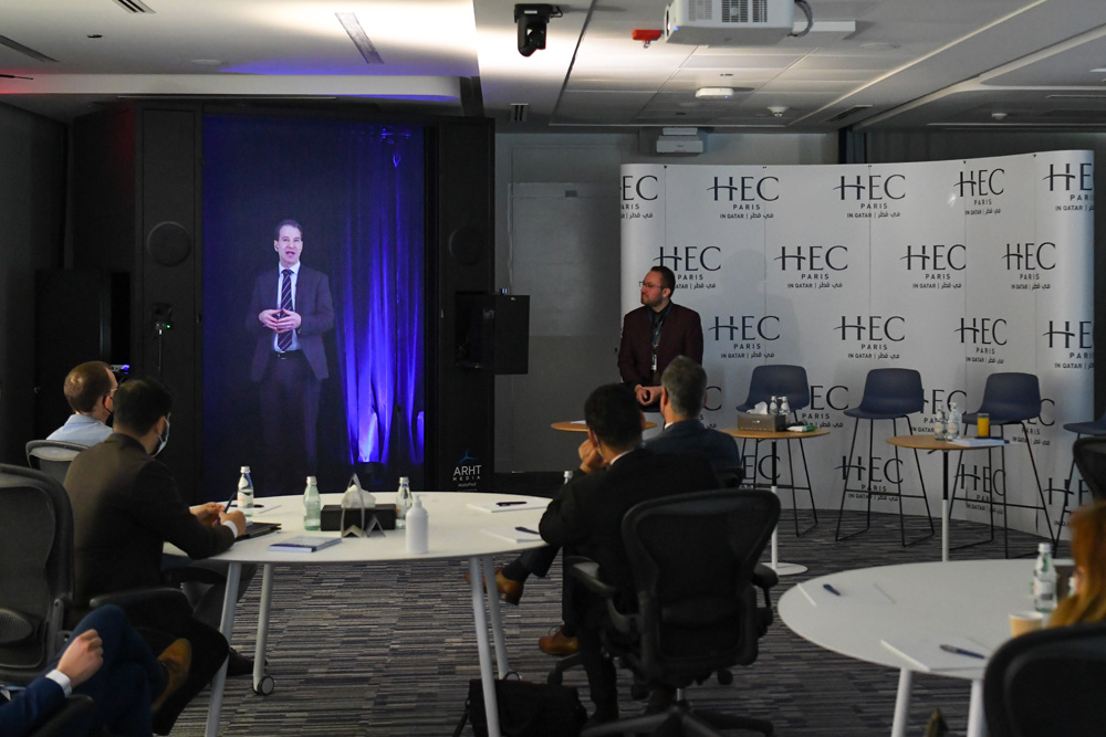 Dr. Pablo Martin de Holan, Dean of HEC Paris in Qatar, participated in the event through the hologram technology. 