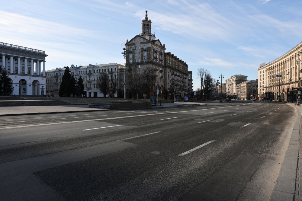 A deserted street is seen after the curfew was lifted, as Russia's invasion of Ukraine continues, in Kyiv, Ukraine February 28, 2022. REUTERS/Umit Bektas
