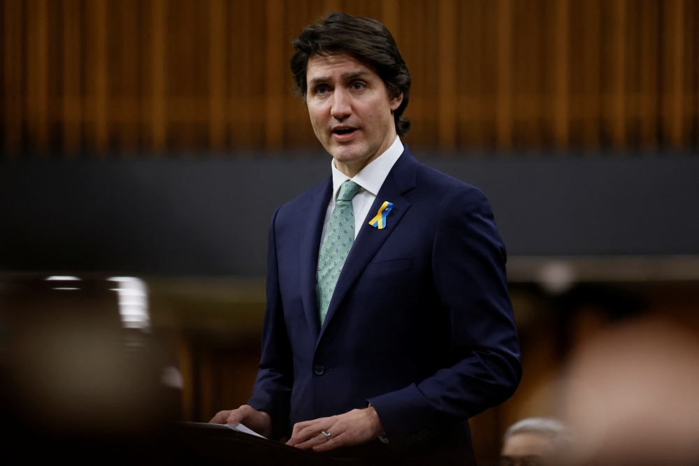 Canada's Prime Minister Justin Trudeau speaks in the House of Commons on Parliament Hill in Ottawa, Ontario, Canada February 28, 2022. REUTERS