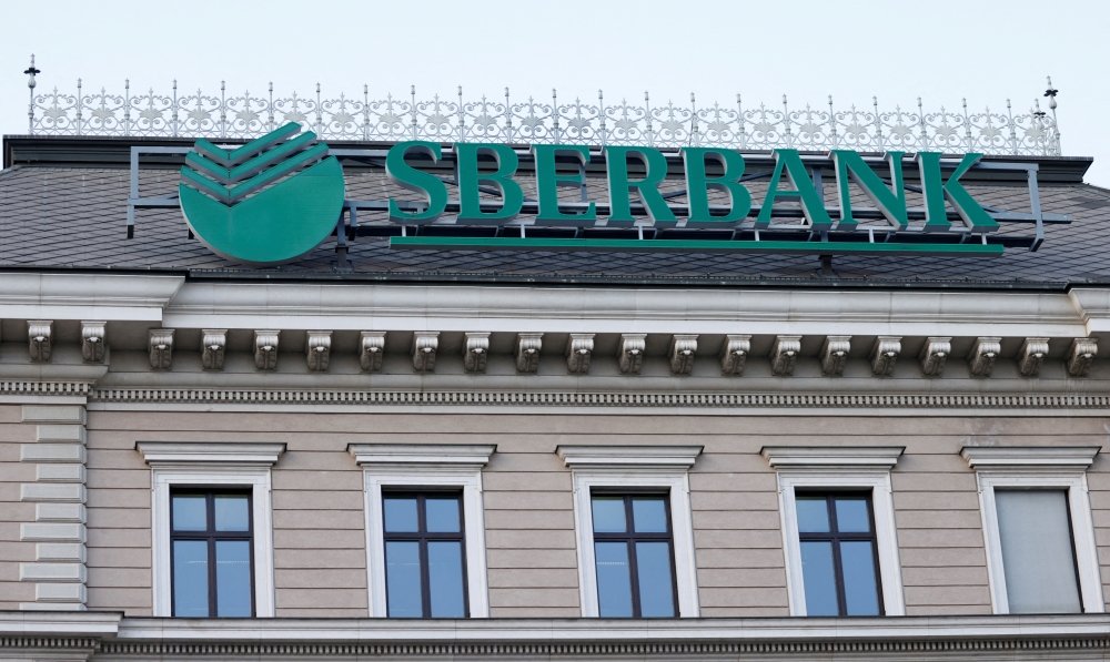 The logo of the Russian Sberbank Europe AG bank is seen on their headquarters in Vienna, Austria, on February 28, 2022. (REUTERS/Leonhard Foeger/File Photo)