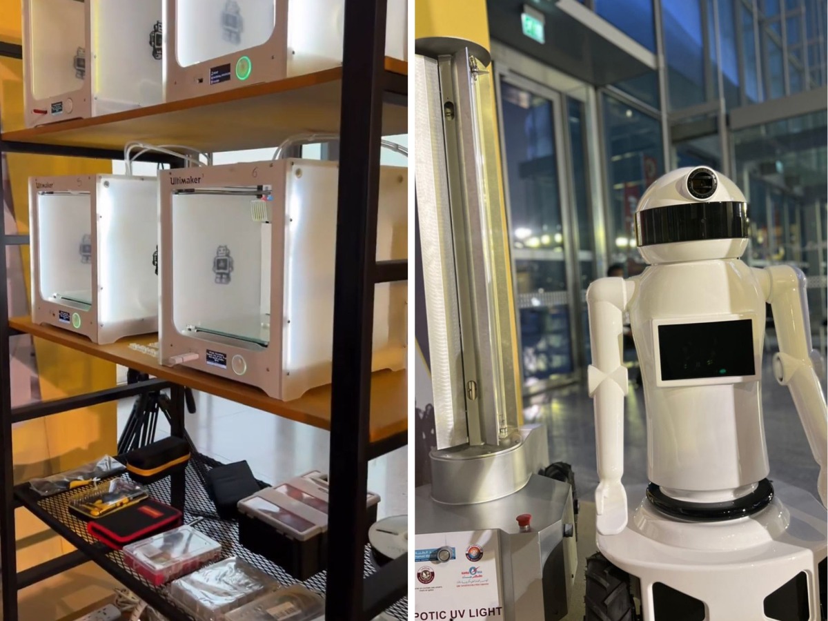 3D printers (left), and robotic UV light at the Najah Qatari Forum being held at Qatar National Convention Center.