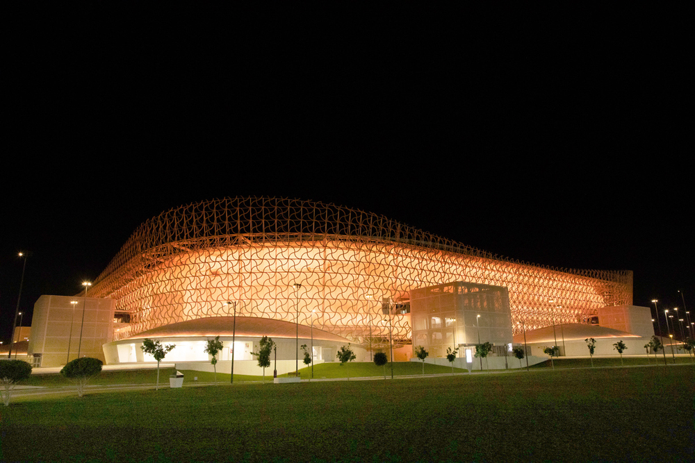 A view of Ahmad Bin Ali Stadium lit up in orange to support World Cancer Day campaign.