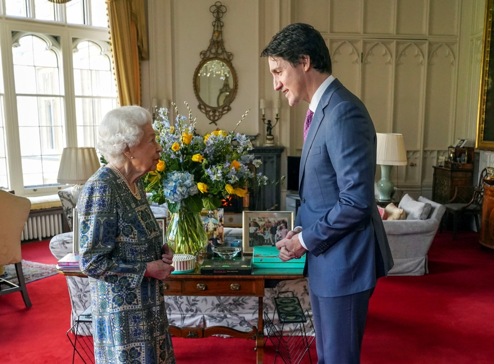 Britain's Queen Elizabeth receives Canadian Prime Minister Justin Trudeau at Windsor Castle, Britain March 7, 2022. Steve Parsons/Pool via REUTERS