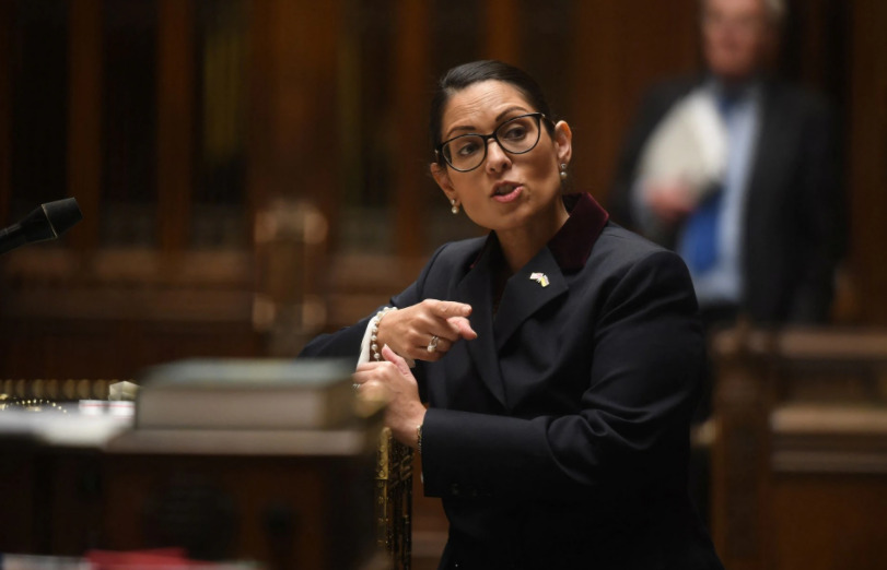 British Home Secretary Priti Patel gives a statement on Ukraine following the Russian invasion of Ukraine, at the House of Commons, in London, Britain March 1, 2022. Courtesy Uk Parliament/Jessica Taylor/Handout via REUTERS


