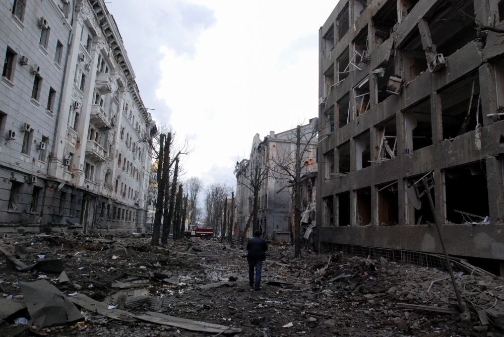 A view shows buildings damaged by recent shelling during Russia's invasion of Ukraine in Kharkiv, Ukraine, March 8, 2022. REUTERS/Oleksandr Lapshyn
