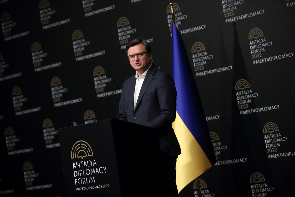 Ukrainian Foreign Minister Dmytro Kuleba speaks during a news conference after meeting with his counterparts Russian Sergei Lavrov and Turkish Mevlut Cavusoglu, amid Russia's invasion of Ukraine, in Antalya, Turkey March 10, 2022. Reuters/Murad Sezer