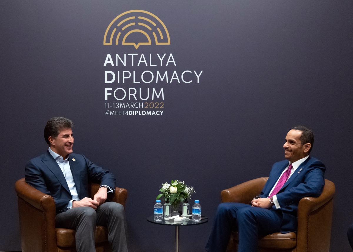 Deputy Prime Minister and Minister of Foreign Affairs H E Sheikh Mohammed bin Abdulrahman Al Thani with President of the Kurdistan Region of Iraq H E Nechirvan Barzani on the sidelines of Antalya Diplomacy Forum in Turkey, yesterday.
