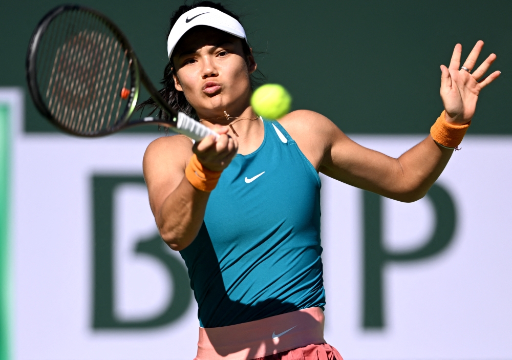 Emma Raducanu (GBR) hits a shot as she defeats Caroline Garcia (FRA) in a second round match at the BNP Paribas Open at the Indian Wells Tennis Garden. Jayne Kamin-Oncea-USA TODAY Sports