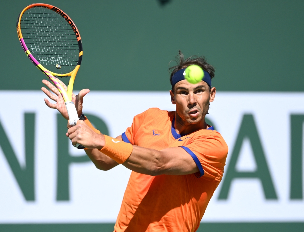 Rafael Nadal (ESP) hits a shot in his 2nd round match defeating Sebastian Korda (USA) at the BNP Paribas open at the Indian Wells Tennis Garden. Mandatory Credit: Jayne Kamin-Oncea-USA TODAY Sports