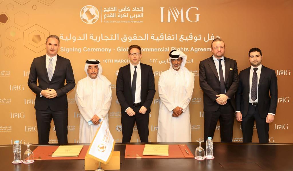 Arab Gulf Cup Football Federation President Sheikh Hamad bin Khalifa bin Ahmed Al Thani, Co-President, Media & Events at IMG Adam Kelly and officials during the partnership signing ceremony.