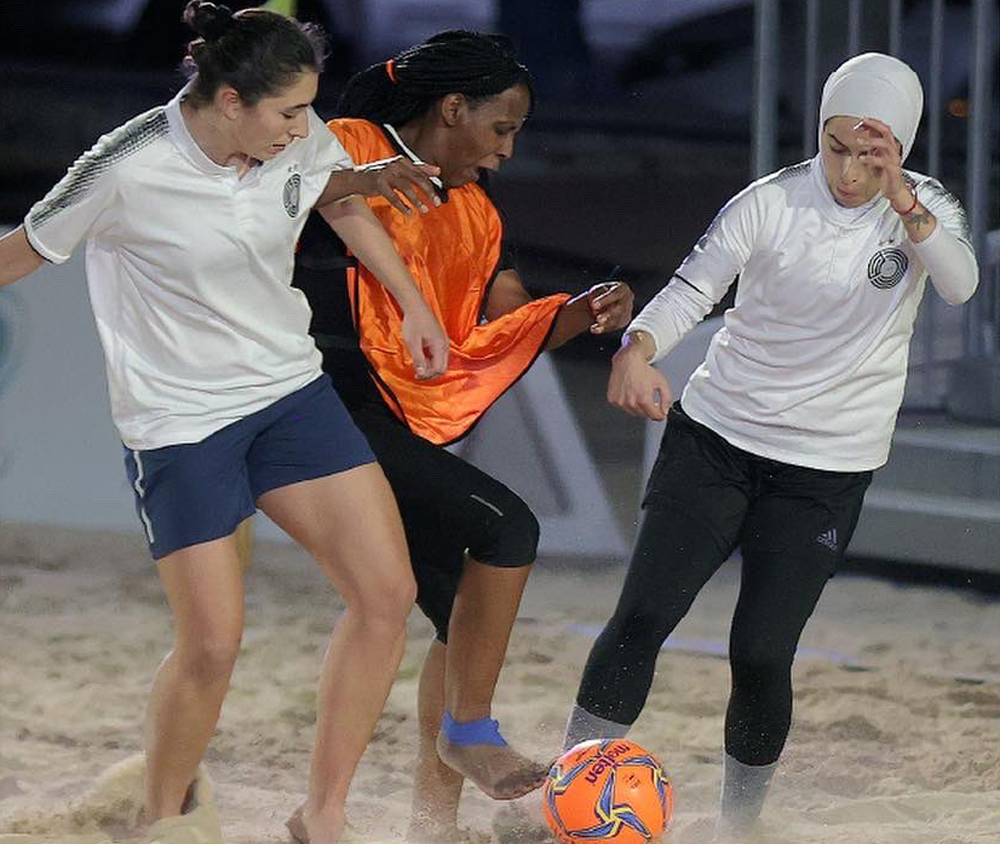 Action from women’s football event during the QOC Beach Games.