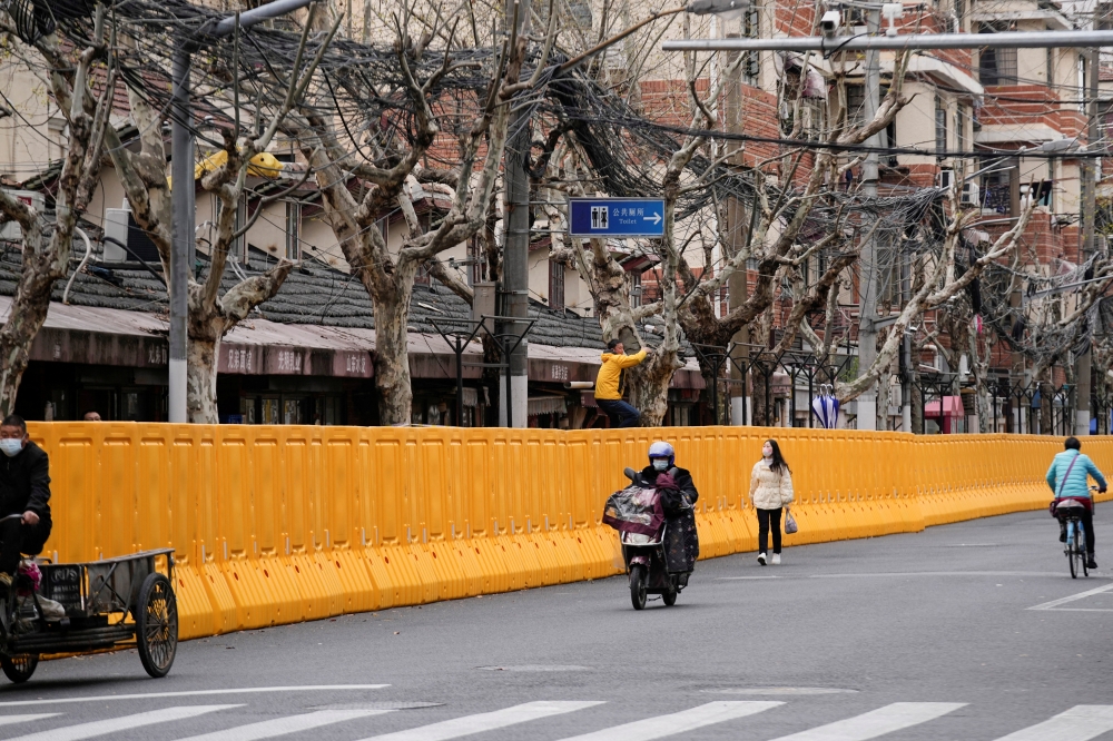 A man climbing a tree looks over barriers, which have been built to separate buildings from a street, amid the coronavirus disease (COVID-19) pandemic in Shanghai, China March 22, 2022. REUTERS/Aly Song