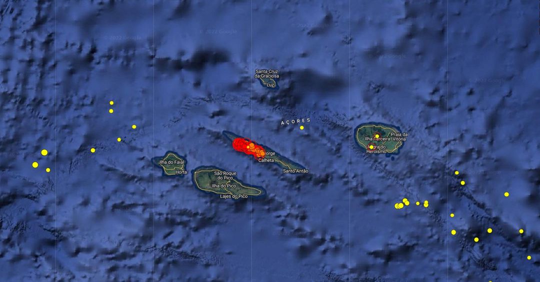 Satellite map shows seismic activity at Sao Jorge island after around 1,100 small earthquakes have rattled one of Portugal's mid-Atlantic volcanic islands in less than 48 hours in Azores islands, Portugal. March 21, 2022. CIVISA (Azore's Seismovolcanic Surveillance and Information Center) / Handout via REUTERS



