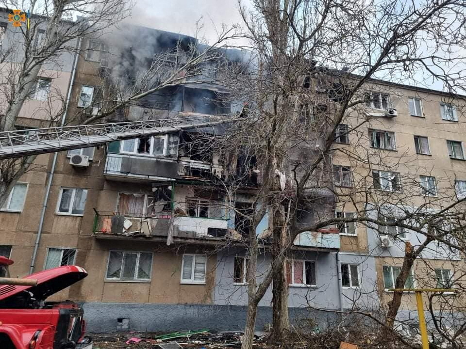 A view shows a residential building damaged by shelling, amid the Russian invasion of Ukraine, in Mykolayiv, Ukraine, in this handout picture released March 7, 2022. Press service of the State Emergency Service of Ukraine/Handout via REUTERS/File Photo

