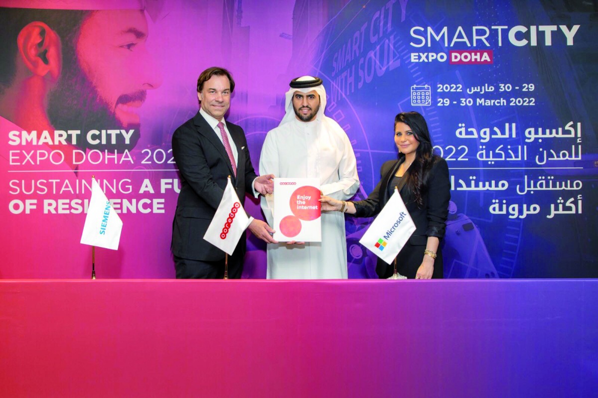 Representatives of Ooredoo, Siemens and Microsoft at the MoU signing ceremony.