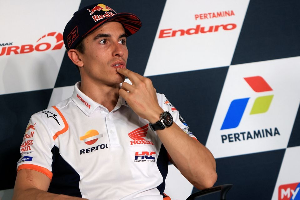 Repsol Honda Team's Marc Marquez reacts during a news conference prior to the MotoGP race at Pertamina Mandalika International Street Circuit on Lombok Island, Indonesia, March 17, 2022. REUTERS/Willy Kurniawan