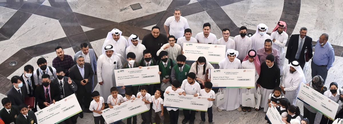 Officials and students during the 8th Gasna Competition for schools organised by the Gas Processing Center (GPC) at the College of Engineering at Qatar University.