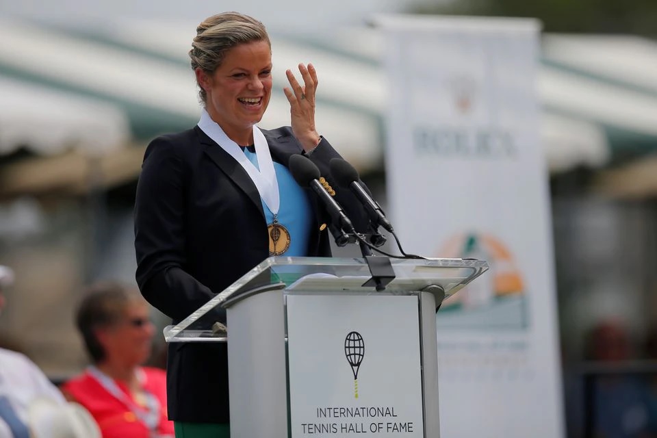 Kim Clijsters of Belgium speaks as she is inducted into the International Tennis Hall of Fame in Newport, Rhode Island, U.S., July 22, 2017.   REUTERS/Brian Snyder