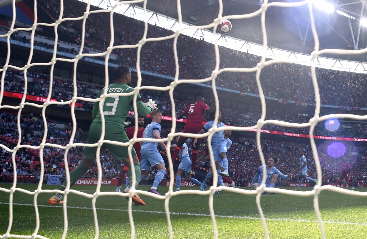 Liverpool's Ibrahima Konate scores their first goal past Manchester City's Zack Steffen Action Images via Reuters/Tony Obrien
