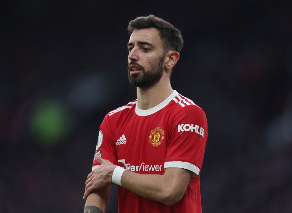 April 2, 2022 Manchester United's Bruno Fernandes reacts REUTERS/Russell Cheyne