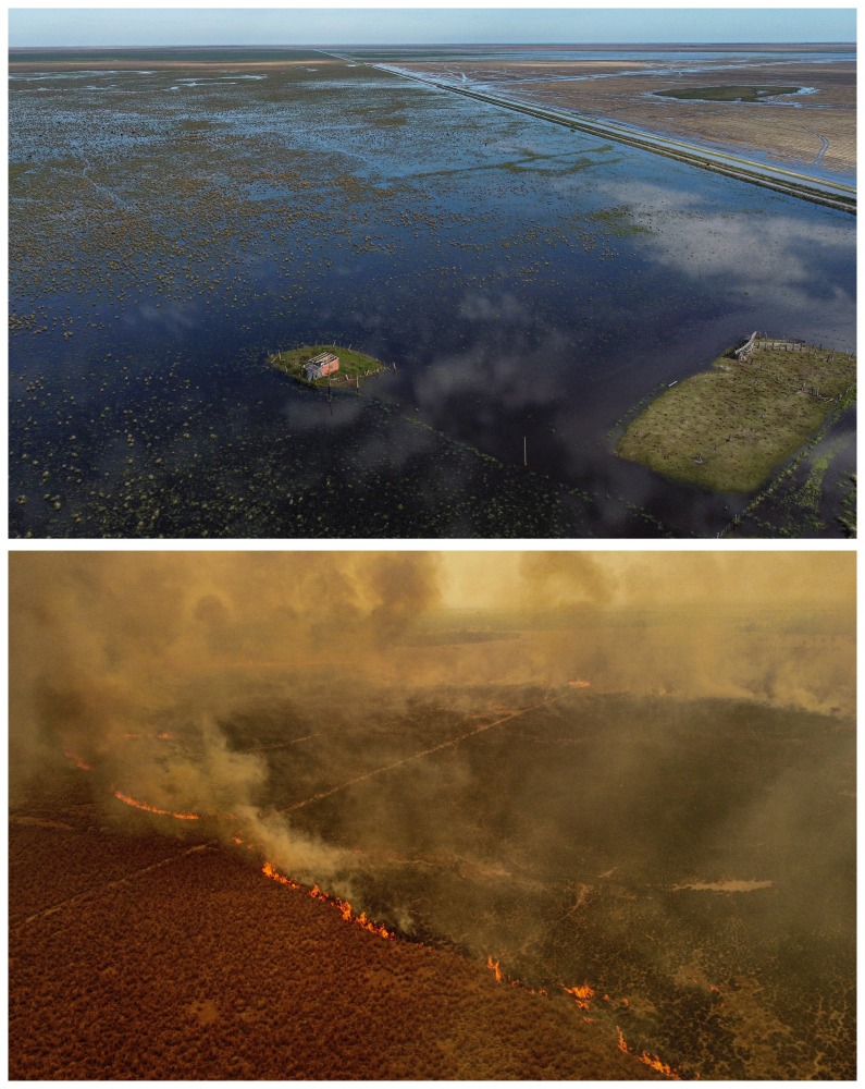 The combination picture shows an area affected by floods in a rural area of Corrientes, Argentina on April 17, 2022, (top) and a wildfire that has spread to cover more than 500,000 hectares underscoring the impact of dry weather due to the Nina weather pattern in the area on February 15, 2022. Pictures taken with a drone. REUTERS/Sebastian Toba
