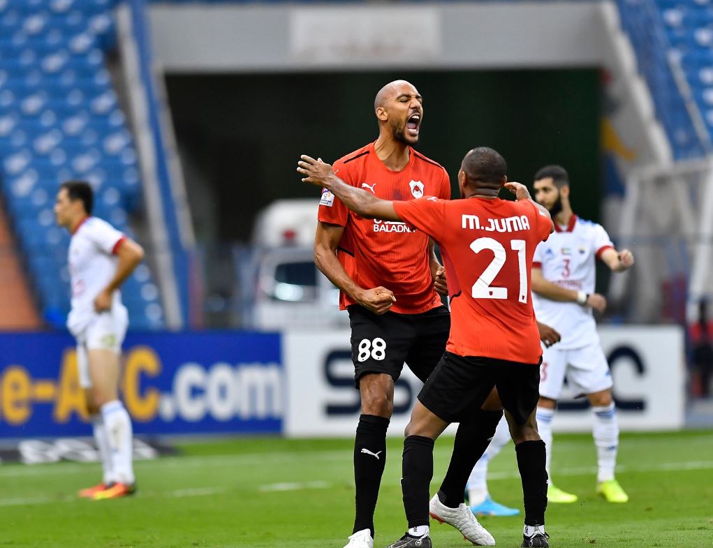 Al Rayyan’s Steven N’zonzi celebrates with team-mate Mohammed Juma after scoring team’s second goal, yesterday. 