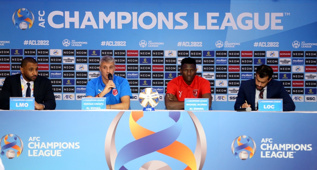 Al Duhail head coach Hernan Crespo (left) and striker Michael Olunga during a press conference yesterday.  